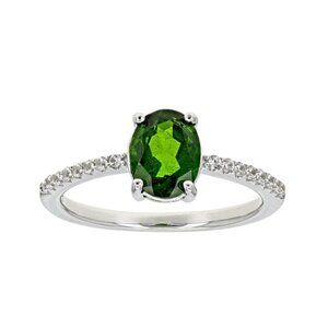NIB - JTV Green Chrome Diopside With White Zircon Rhodium Ring - Size 9